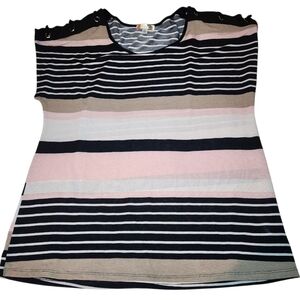 Lavish Womens Sz XL Mixed Tones Striped Top Blouse Lace Up Shoulder Stretch